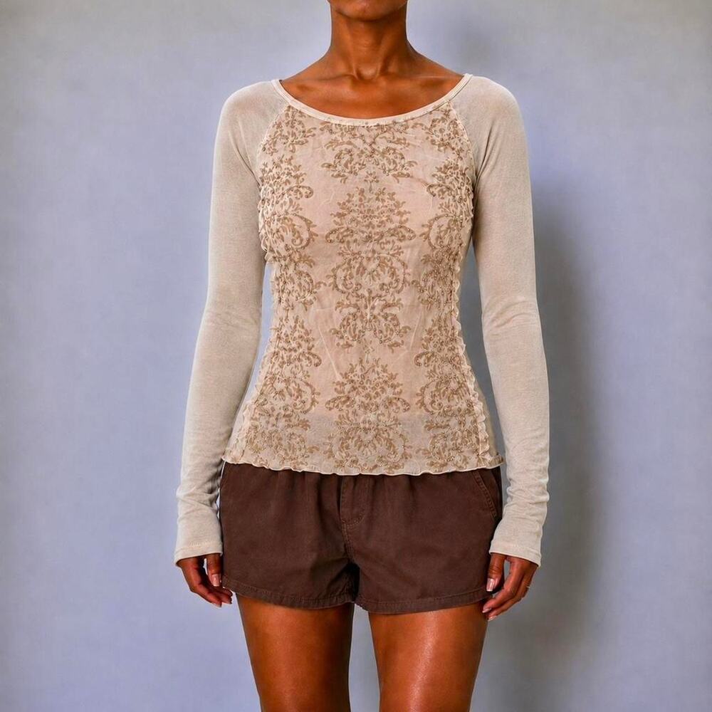 Vintage Hale Bob Romantic Silk Velvet Burnout Beaded Long Sleeve Top Size S/M